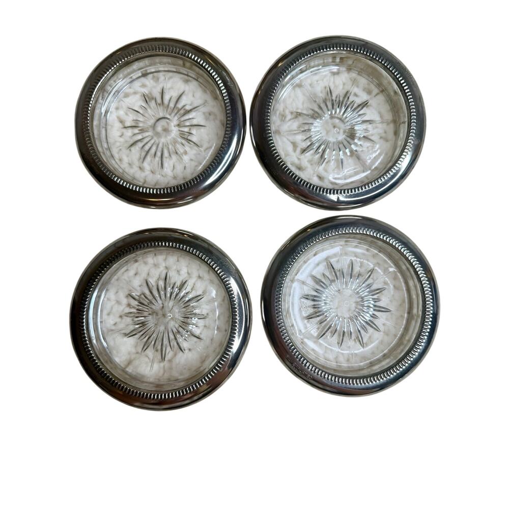 VINTAGE LEONARD ITALY Starburst Crystal Silver Plated Set of Four Drink Coasters